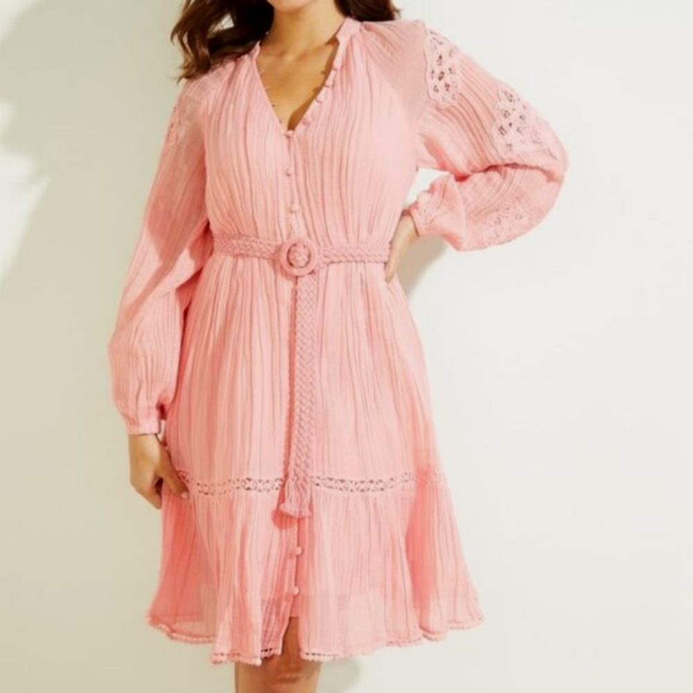GUESS - Eco Arita Boho Dress NWT in First Blush Pink - Sheer Woven Lace Gown